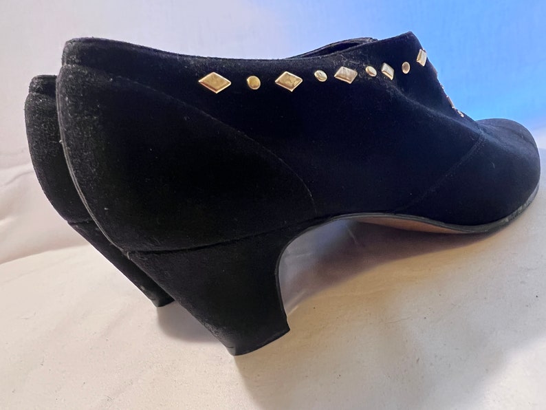 Vintage Black Suede Booties: Gold Zipper Studded Detail, Size 9 image 2