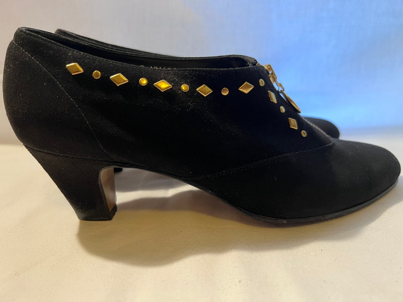 Vintage Black Suede Booties: Gold Zipper Studded Detail, Size 9 image 7