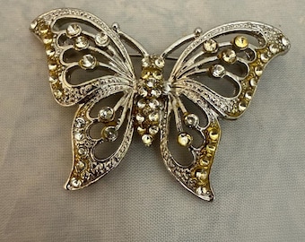 Vintage 1980s Silver-Tone Rhinestone Costume Jewelry Filigree Butterfly Broach Pin