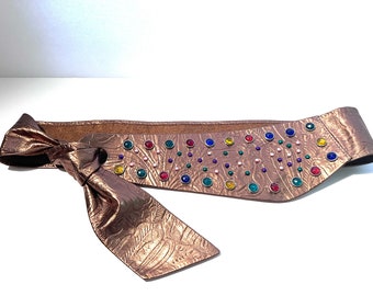 1990s Ballroom Style Bejeweled Metallic Copper Leather Sash Belt with Floral Embossing