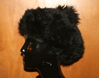 Vintage 60s Beret Hat MADE in ITALY Black Oversized Fluffy Sheepskin with Tuft On Top