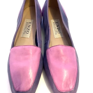 1990s Lilac Leather Flats Vintage ENZO ANGLIOLINI Slip On Loafers With Leather Sole Size 5.5