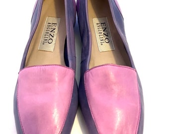 1990s Lilac Leather Flats Vintage ENZO ANGLIOLINI Slip On Loafers With Leather Sole Size 5.5
