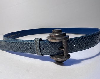 Vintage 1980s Blau Schlangenleder Gürtel mit Silber Art Deko Schnalle Größe Medium / Large