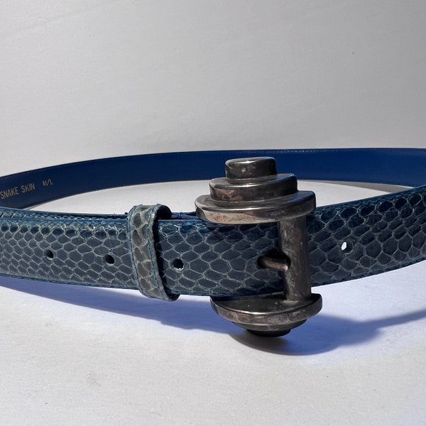 Vintage 1980s Blue Snakeskin Belt w/ Silver Art Decco Buckle Size Medium / Large