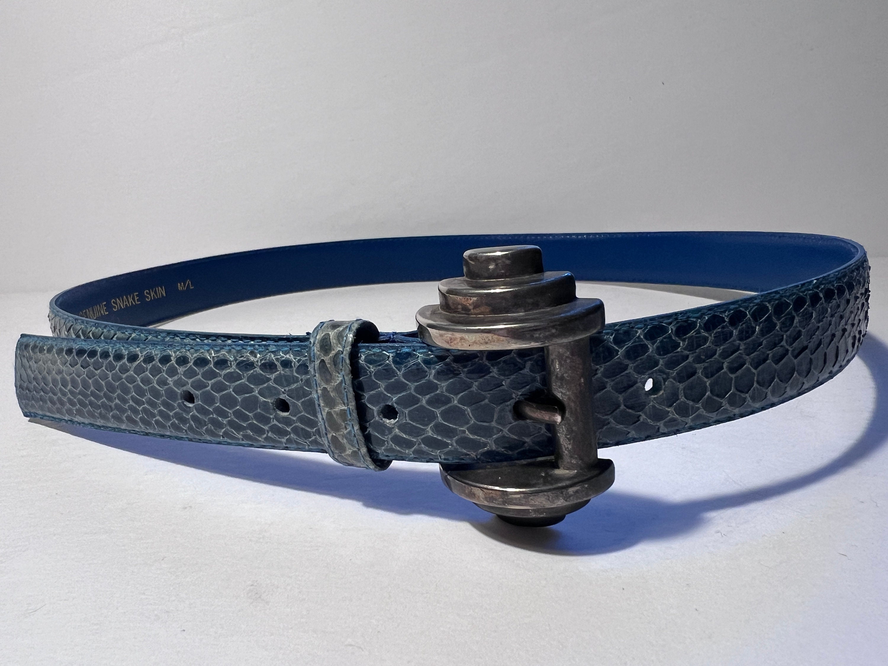 Vintage Blue Snakeskin & Leather Belt 30” 70s 80s Genuine Snakeskin Dark Blue Navy Skinny Patent Slim  main image 4