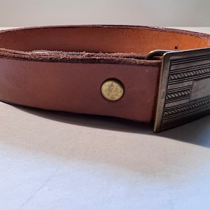 Vintage 1991 Cognac Leather Belt: Aged Bronze Buckle, Unisex Medium