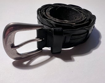 Vintage 1990s Black Woven Leather Belt W/ Chunky Silver Buckle Size Large Mens Good Condition