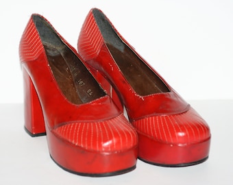 70s Vintage Glam Rock Leather Platforms Made in GREECE Candy Apple Red Size 5 1/2
