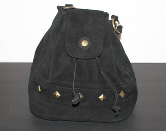 Vintage 90s Black Suede Bucket Bag Unlined w/ Brass and Hardware Stud Detail Drawstring