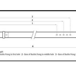 K&ouml;nnte beinhalten: Diagramm eines G&uuml;rtels mit Ma&szlig;en in cm. Das Diagramm zeigt die Gesamtl&auml;nge, den Abstand von der Schnallenzunge zum ersten Loch, zum mittleren Loch und zum letzten Loch. Der G&uuml;rtel hat eine Metallschnalle.