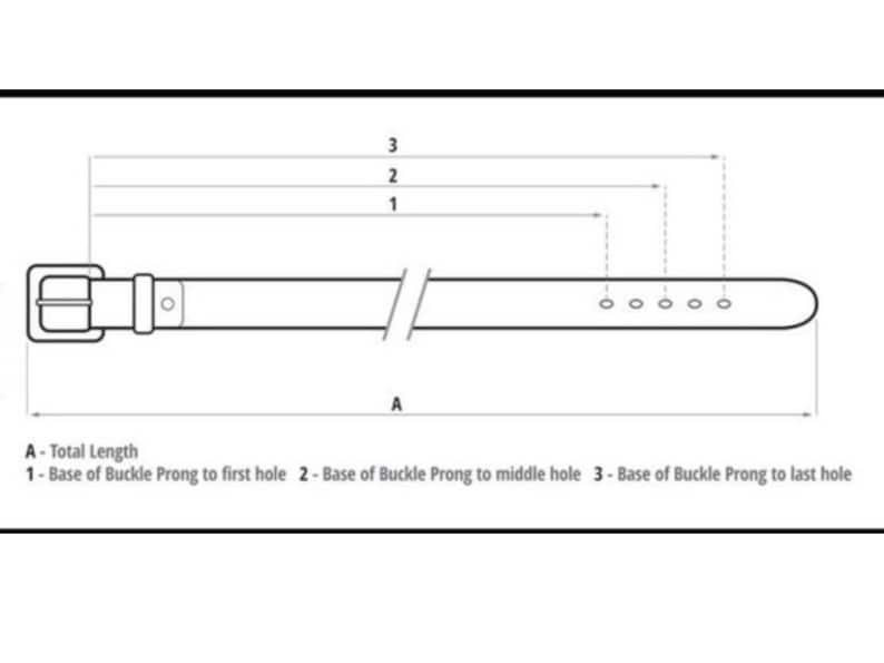 K&ouml;nnte beinhalten: Diagramm eines G&uuml;rtels mit Ma&szlig;en in cm. Das Diagramm zeigt die Gesamtl&auml;nge, den Abstand von der Schnallenzunge zum ersten Loch, zum mittleren Loch und zum letzten Loch. Der G&uuml;rtel hat eine Metallschnalle.