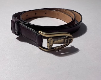 Vintage 1990s ETIENNE AIGNER Skinny Burgundy Leather Belt W/ Bronze Monogram Buckle Size 30