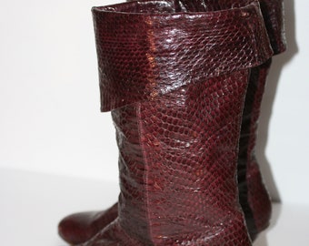 1980s Vintage PUNK PIRATE BOOTS Snakeskin Slouch Boots High-Heeled Rocker Chic Burgundy Size 6 Buttery Soft Kid Leather Lining