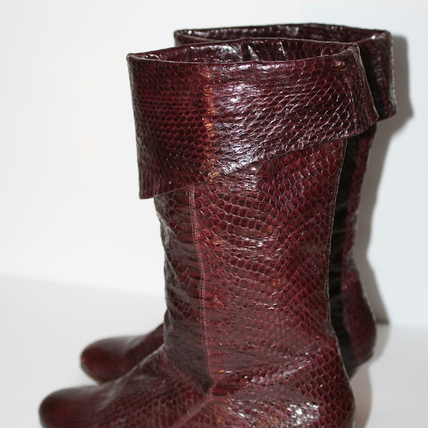 1980s Vintage PUNK PIRATE BOOTS Snakeskin Slouch Boots High-Heeled Rocker Chic Burgundy Size 6 Buttery Soft Kid Leather Lining