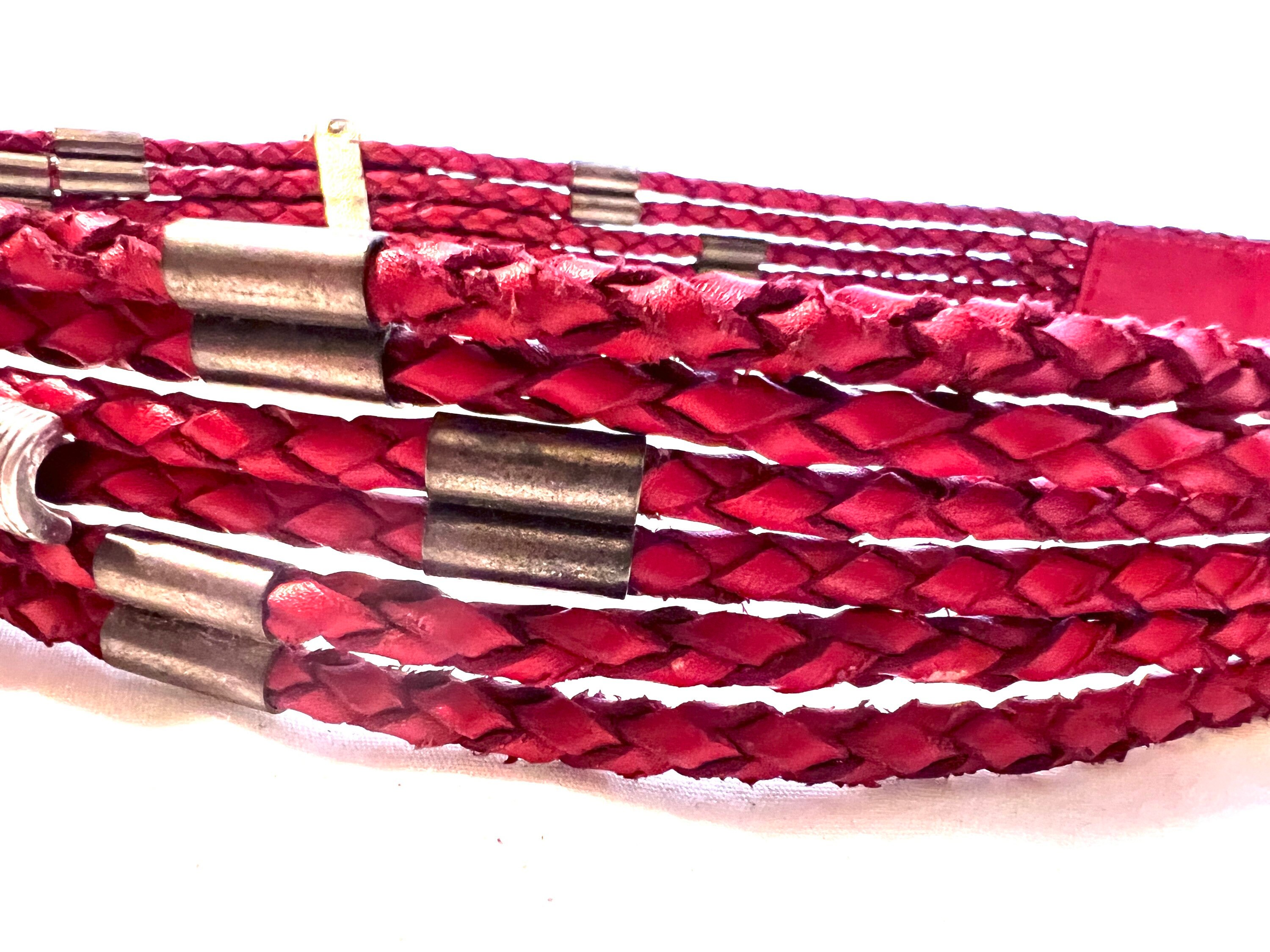 80s Red Lariat Leather Belt W/ Metal Sculpture Avant-garde 