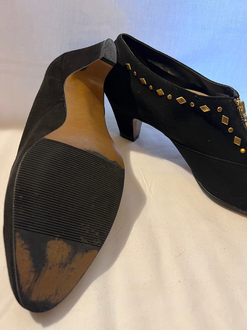 Vintage Black Suede Booties: Gold Zipper Studded Detail, Size 9 image 10