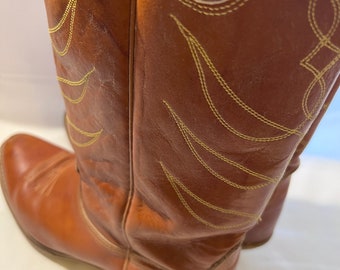 70’s Leather Cowboy Boots Vintage ACME  Wood Stacked Heels Double Stitched Mens Size 10.5D