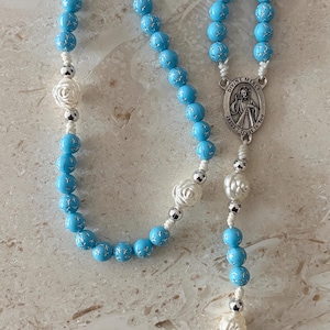 Handmade Divine Mercy acrylic bead rosary-  - Baby Blue w/stars/ White Rose