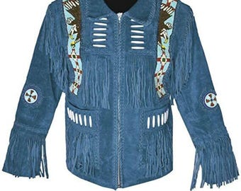 Chaqueta vaquera azul con flecos de ante estilo western: abrigo vaquero vintage de cuero, estilo bohemio.