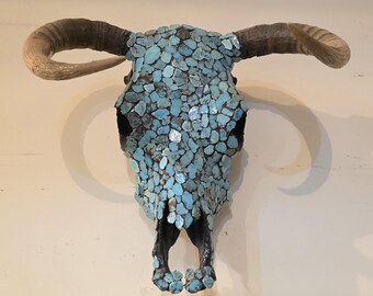 Cráneo de ganado con piedras turquesas, auténtico y de época.