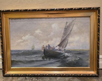 Mar y barco - Escena de acción oceánica, Suecia. (Firmado). Cuadro vintage con marco dorado. Origen europeo. Óleo sobre lienzo.