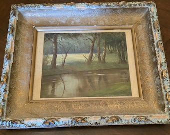 Countryside. Running Stream lined with Trees. Oil on Canvas. Signed.