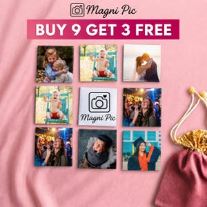 Peut inclure: Image promotionnelle pour Magni Pic avec un fond rose, présentant neuf carreaux photo avec diverses images, notamment des bébés, un couple de mariage et des personnes chantant. Le texte "BUY 9 GET 3 FREE" est affiché.
