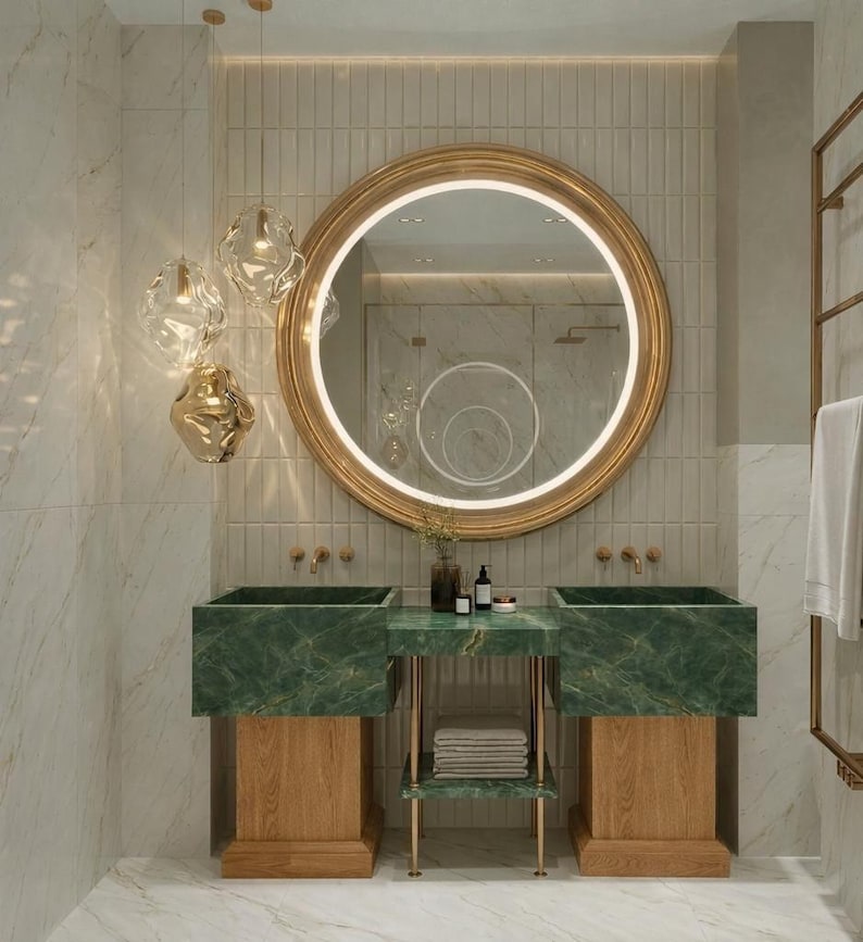 Green Marble Double Sink Vanity, Custom Oak Millwork, Luxury Japandi ...