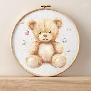 Patrón de punto de cruz de osito de peluche y burbujas * Patrón de punto de cruz para guardería * DESCARGA DIGITAL