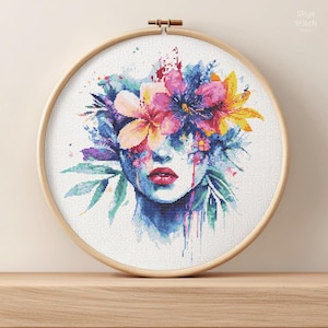 Woman and Florals Cross Stitch Pattern PDF * Abstract Woman Face Modern Cross Stitch Pattern * DIGITAL DOWNLOAD