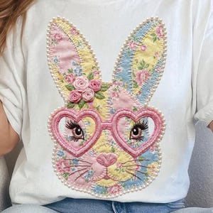 Pâques PNG, Patchwork Bunny PNG, Design floral en sublimation de lapin de Pâques, Art printanier de fausse broderie, coeur lunettes, perle