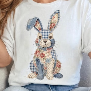 Pasen png, konijn patchwork png, blauwe toile, kip van imitatiegaren, chinoiserie shabby chic, boerderijkonijn, trendy blauwwitte quilt