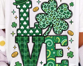 Love St. Patricks Day Png, Preppy St Patrick's Love PNG, Retro Lucky Clover Shirt Design, St. Patty's Sublimation Design, Irish Shamrock