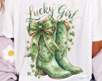 St. Patrick's Day PNG, Lucky Girl Png, Lucky Design, St Patrick's Day Cowboy Boots png, Green Shamrock Bow png, Western Irish Sublimation