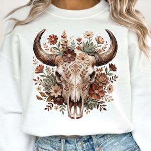 Brushstroke Bull Skull PNG, Floral Cow Skull Sublimation Design, Boho Western Succulent Art, Digital Download, Rustic Wild West Graphic image 5