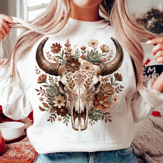 Brushstroke Bull Skull PNG, Floral Cow Skull Sublimation Design, Boho Western Succulent Art, Digital Download, Rustic Wild West Graphic