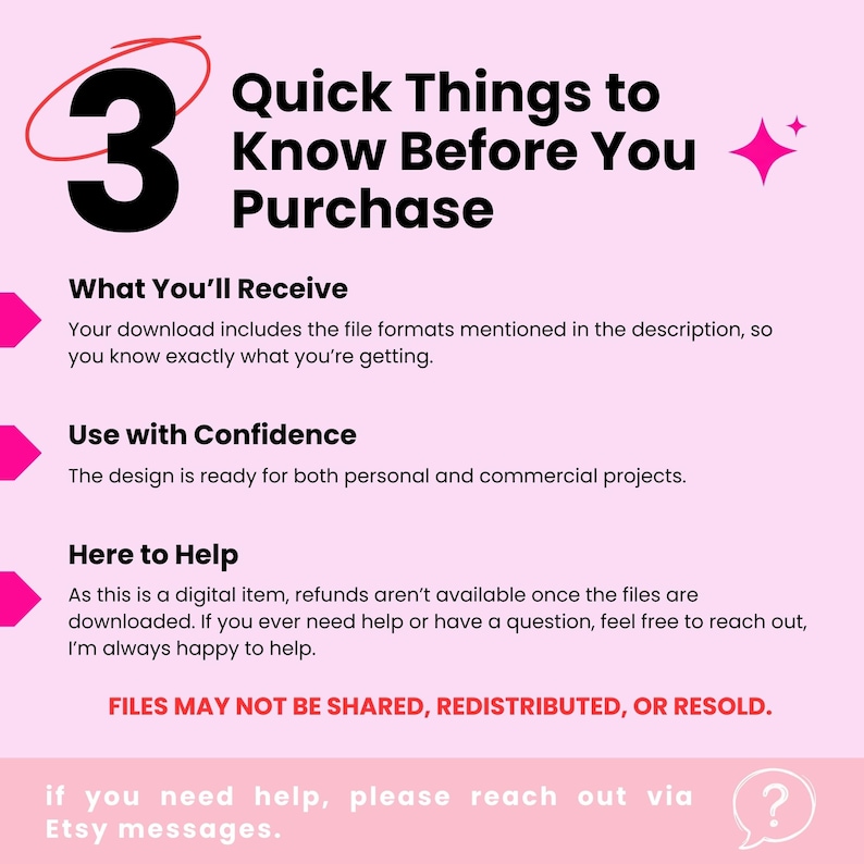 May include: A pink graphic with the number 3, the text "Quick Things to Know Before You Purchase", and bullet points about the digital download, including file formats, usage, and help information. The text "FILES MAY NOT BE SHARED, REDISTRIBUTED, OR RESOLD" is also included.