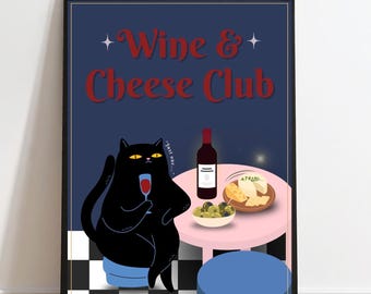 Print grappige kat wijn en kaas – Sassy Kitchen muurkunst (digitale download)