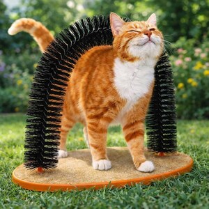 Könnte beinhalten: Eine orangefarbene Tabby-Katze mit weißen Abzeichen benutzt einen Katzenpflegebogen. Die Katze steht auf einer beigefarbenen Basis mit orangefarbenem Rand. Der Bogen besteht aus schwarzen Borsten.