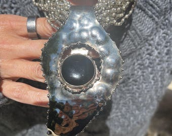 Hammered Silver Bib Necklace, Black Cabochon Pendant, Multi-Strand Beaded Collar, Boho Artisan Jewelry