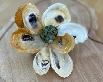 Oyster Shell Flower Sculpture, Coastal Driftwood Display, Handmade Beach Decor