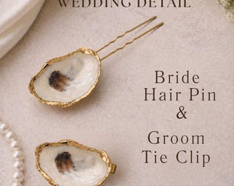 Groom Gift and Bridal Hair Pin Set, Oyster Shell Hair Pin and Tie Clip, Coastal Beach Wedding Detail, Bride and Groom Set