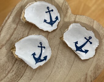 Handcrafted Cape Cod Oyster Shell Ring Dish – Nautical Anchor – Gold or Silver Gilded