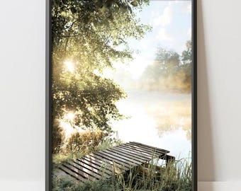 Peaceful Lake Sunrise Print, Serene Nature Wall Art, Rustic Lakeside Landscape Poster (Digital Download)