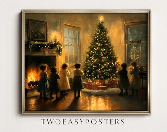 Vintage Christmas Tree Art Print – Children by Fireplace Painting (Digital Download)