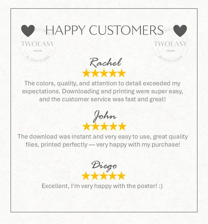 May include: A white graphic display titled HAPPY CUSTOMERS featuring two black heart icons and three five-star reviews from Rachel, John, and Diego. The text includes feedback about print quality, download ease, and customer service for Twoeasy Posters.