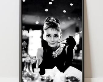 Audrey Hepburn Poster Black White Breakfast at Tiffanys Wall Art Old Hollywood (Digital Download)
