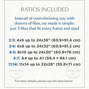 May include: An informational graphic with dark blue text on a white background listing five aspect ratios for digital prints. It includes dimensions in inches and centimeters for various frame sizes, ranging from 4x6 inches to 24x36 inches.