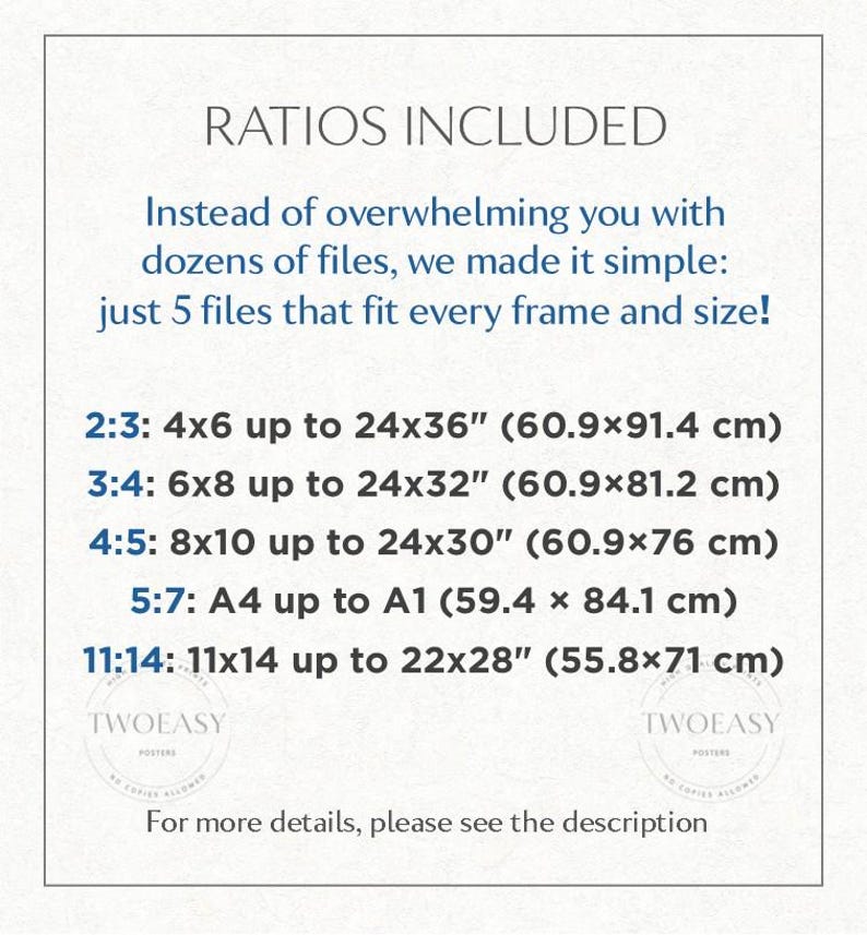 May include: An informational graphic with dark blue text on a white background listing five aspect ratios for digital prints. It includes dimensions in inches and centimeters for various frame sizes, ranging from 4x6 inches to 24x36 inches.